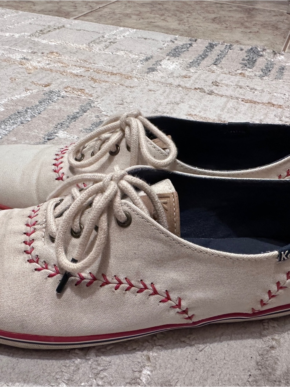NY Yankees Keds Beige Canvas Sneakers with Red Stitching